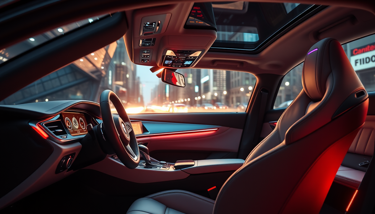 Futuristic luxury car interior with red ambient lighting and digital dashboard.