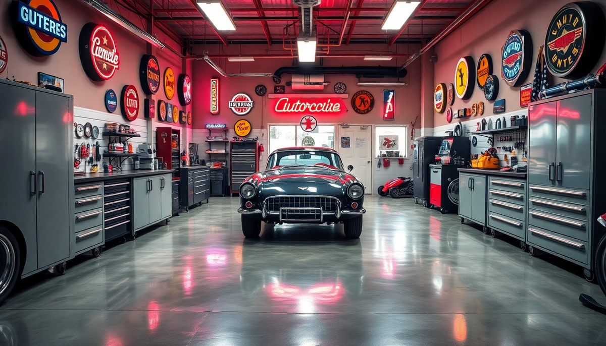 Classic grey sports car in a vintage-style garage with neon signs and tool cabinets.