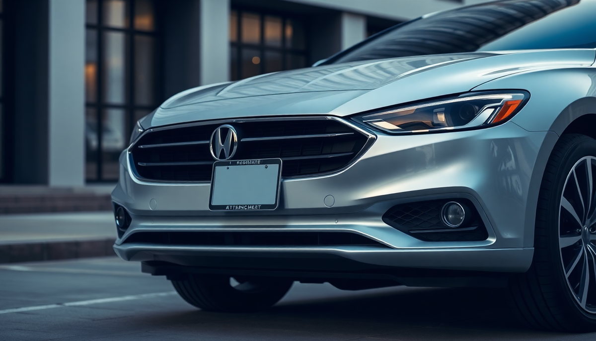 Close-up of a silver car featuring a stylish, modern license plate holder on the front grille.