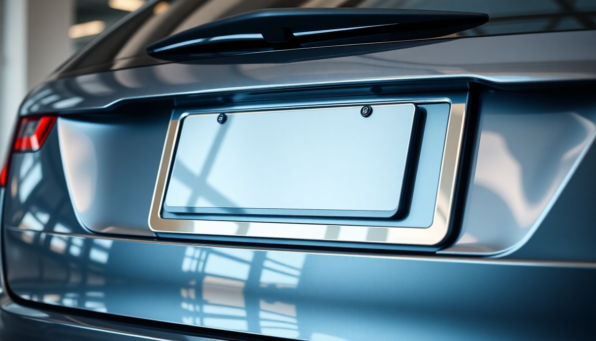 Close-up of a stylish license plate holder on the rear of a modern blue car.