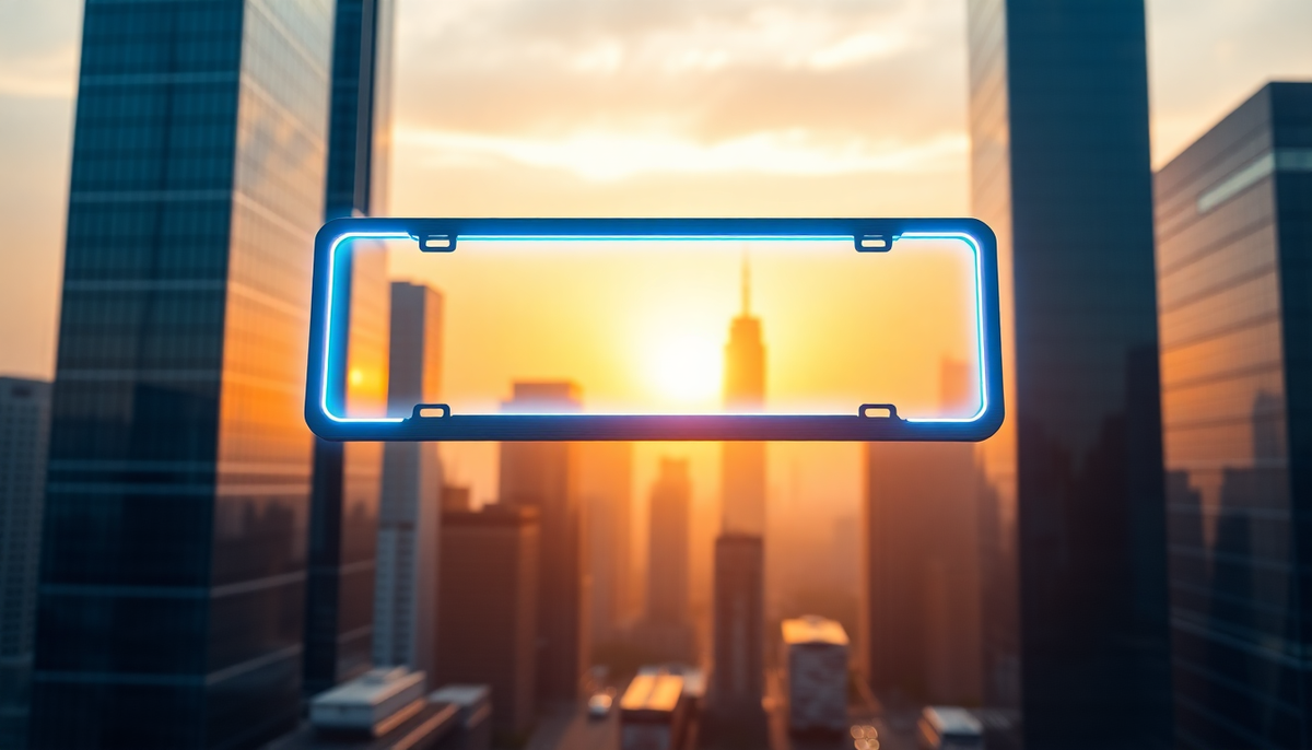 Futuristic blue neon license plate holder floating over a city skyline at sunset.