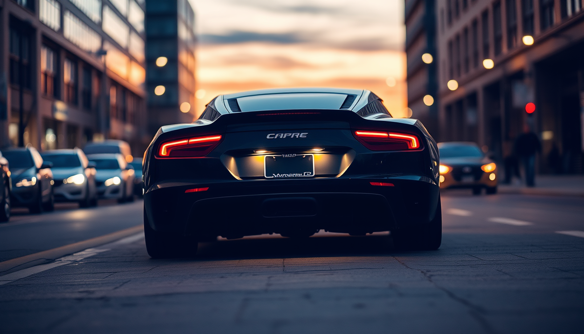 Rear view of a black luxury sports car with a stylish license plate frame at sunset.
