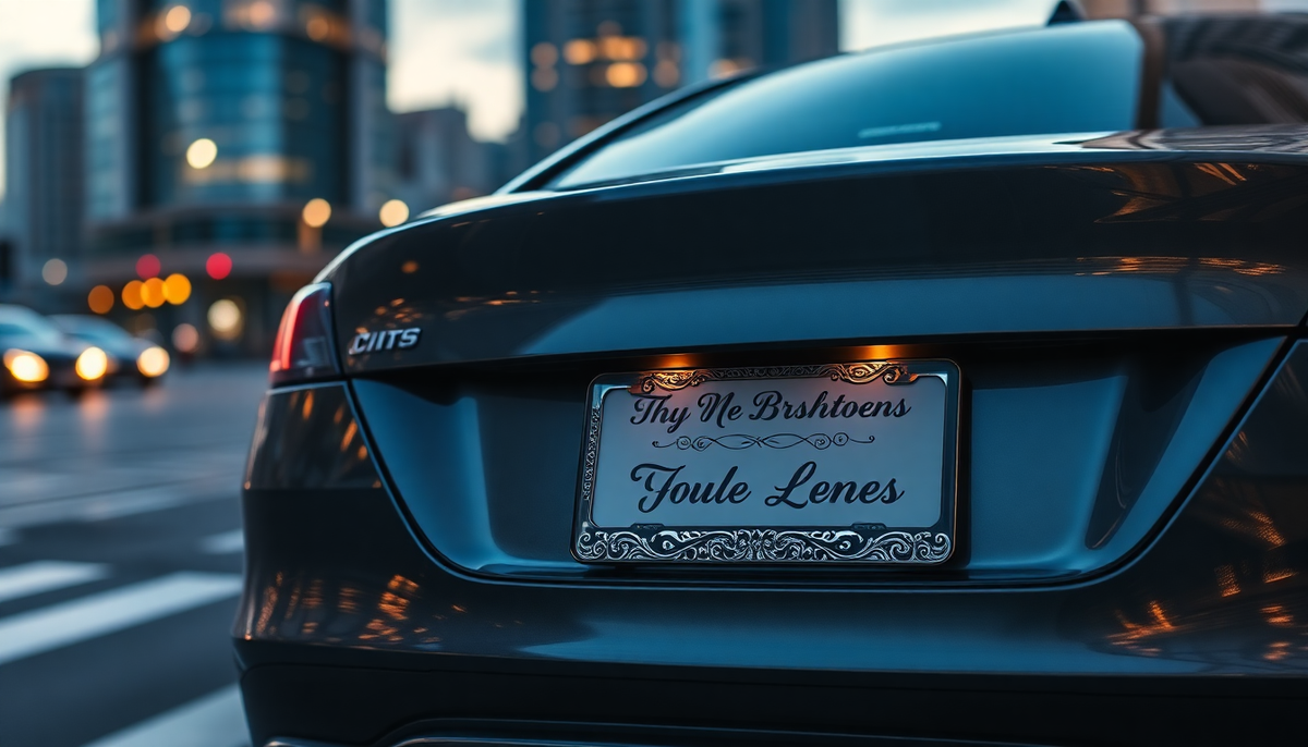 Close-up of a customizable decorative license plate frame on the back of a dark car.