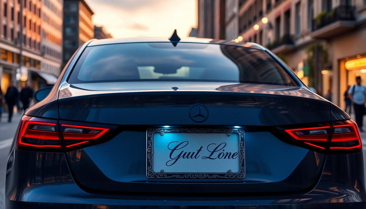 Rear view of a black luxury car featuring a custom decorative license plate frame.