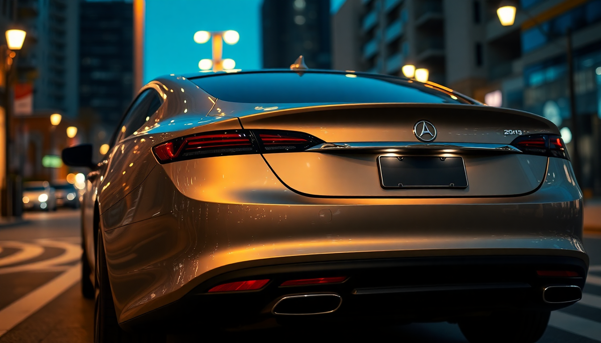 Rear view of a sleek gold luxury car showing a blank license plate frame at dusk.
