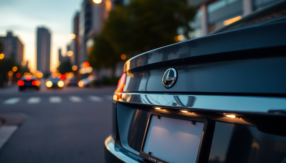 Close-up of a modern car rear with a sleek license plate frame during sunset city traffic.