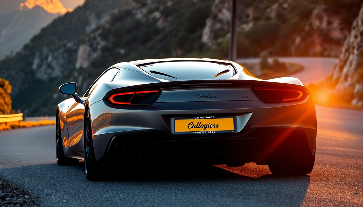 Rear view of a luxury sports car with a custom yellow license plate frame at sunset.