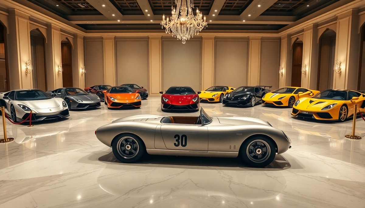 Collection of luxury supercars and a vintage silver race car in a grand hall.