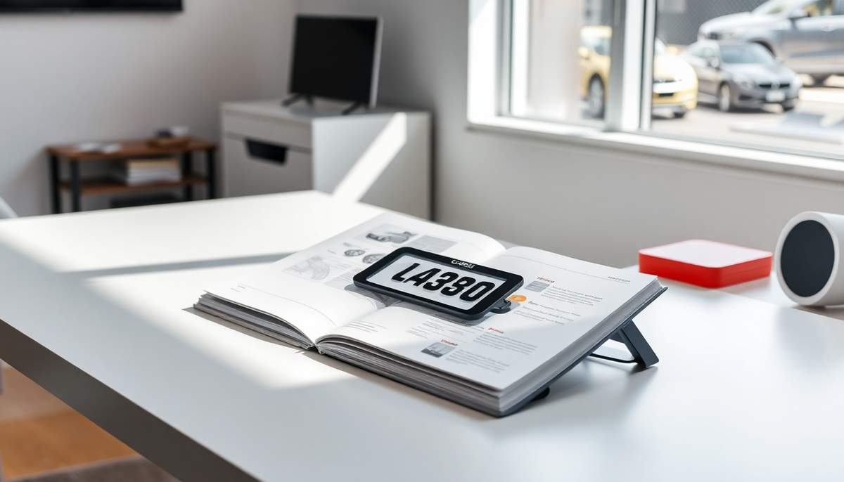 A car license plate holder displayed on an open brochure on a white desk.