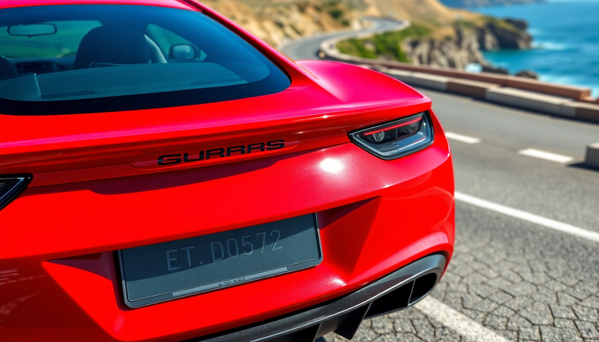 Rear view of a red sports car featuring a sleek black license plate frame on a coastal road.