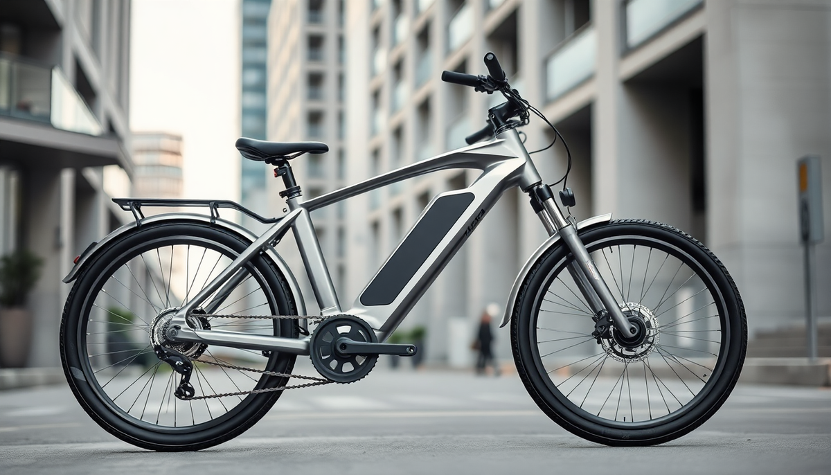 Sleek silver electric bicycle with a rear rack parked in a modern urban city setting.