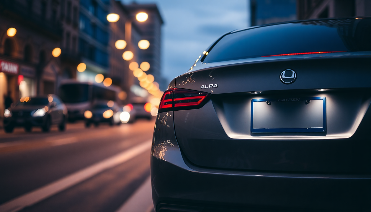 Rear view of a grey car with a stylish license plate holder on a city street at night.