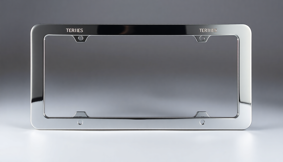 Polished chrome Targado license plate holder with TERTIES branding on a grey background