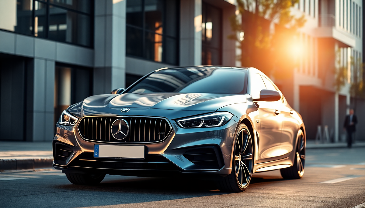 Sleek silver luxury sedan parked in a modern urban setting during golden hour.