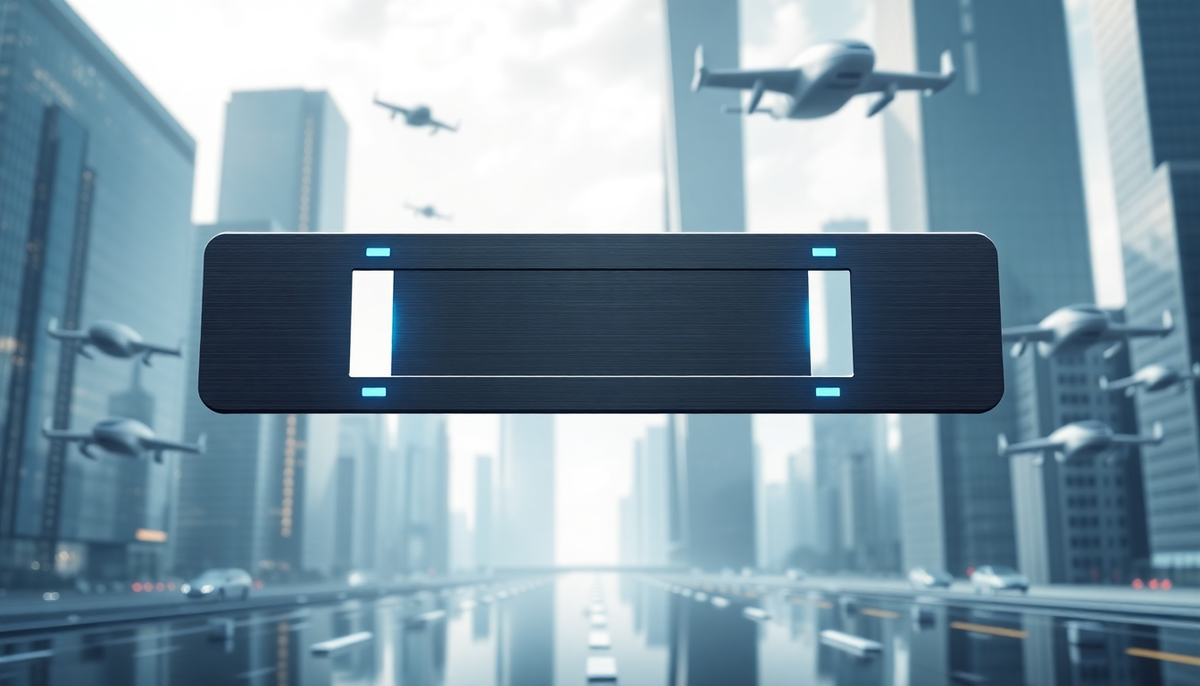 Futuristic black license plate holder floating in a high-tech city with flying drones.