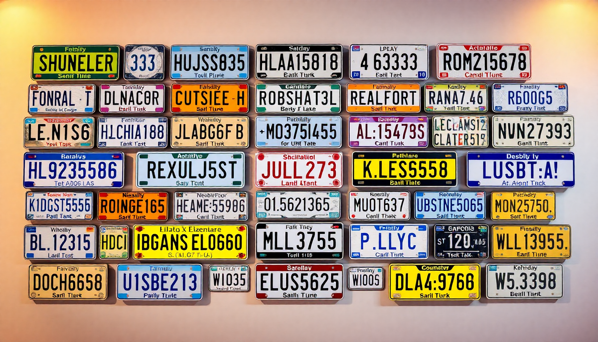 A colorful grid of diverse custom decorative license plates with unique alphanumeric codes.