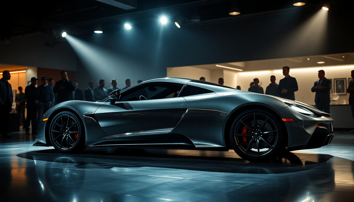 Sleek silver supercar on display in a modern showroom with spotlighting and observers.