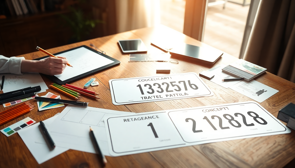 Designer working on custom car license plate layouts with sketches and color palettes.