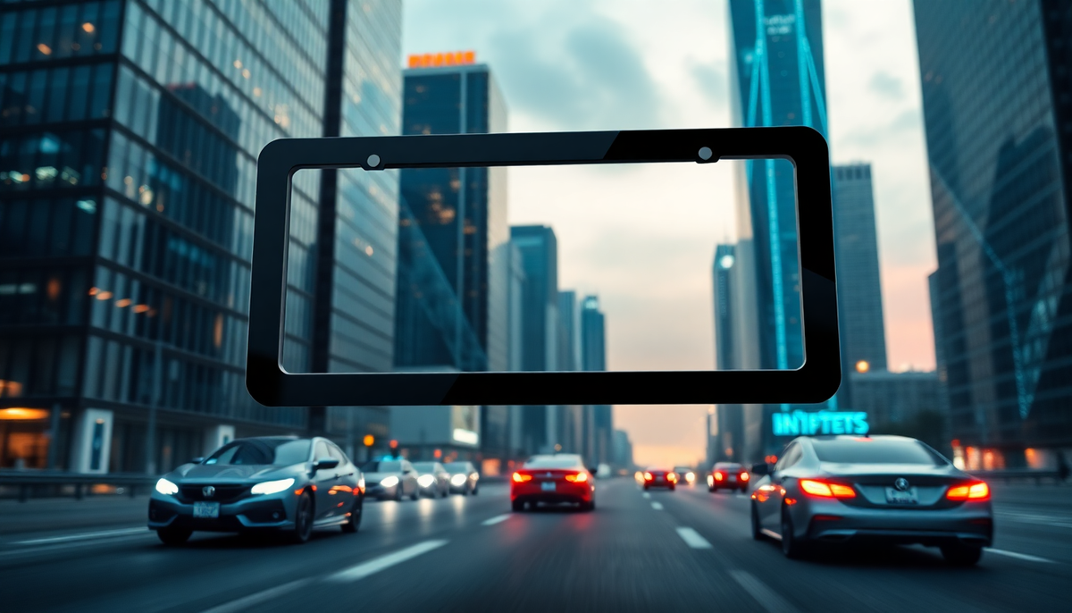 Black innovative license plate holder floating over a blurred city street with cars.