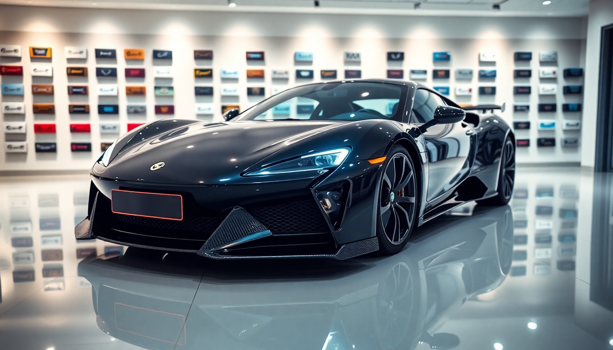 Black luxury supercar with a custom red-bordered license plate holder in a showroom