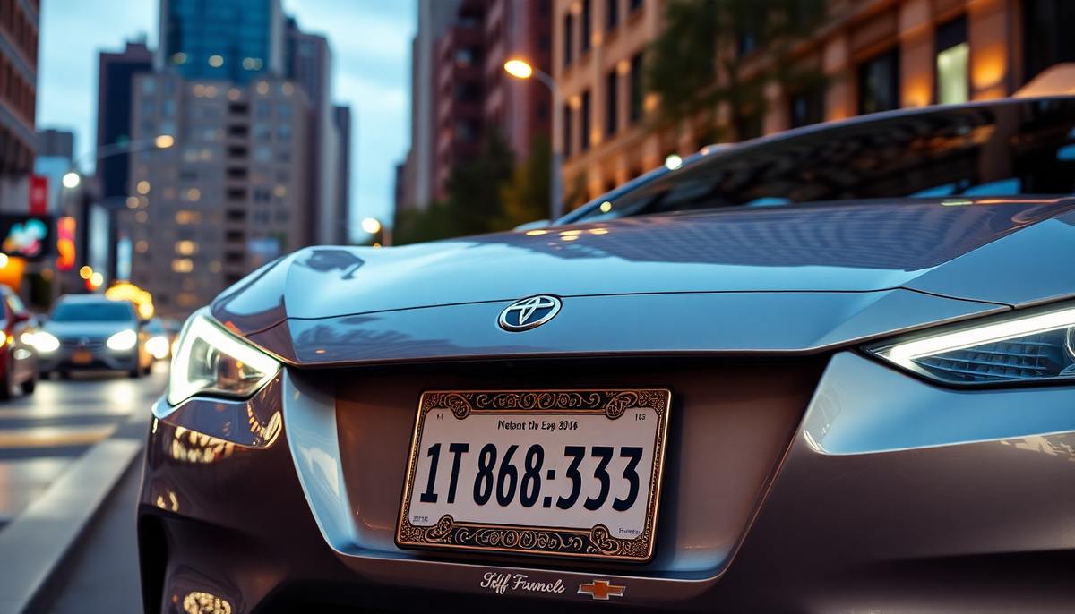 Close-up of a customizable decorative license plate frame on a modern grey car.