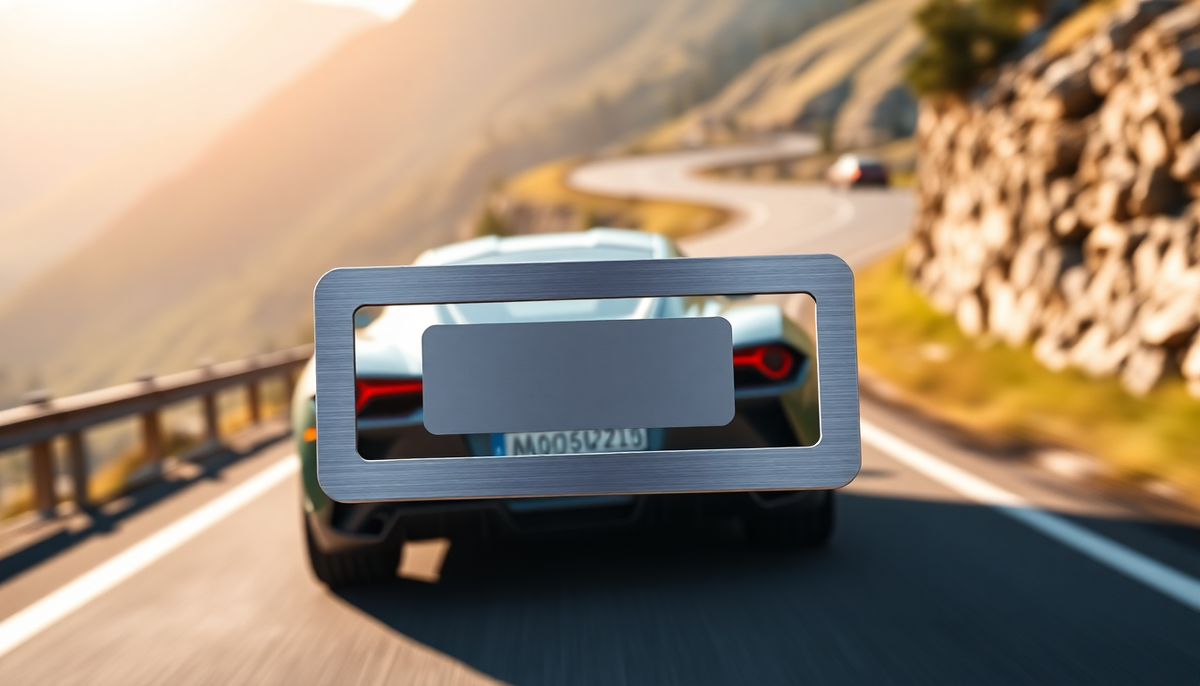 Sleek metal license plate holder on a sports car driving on a scenic mountain road