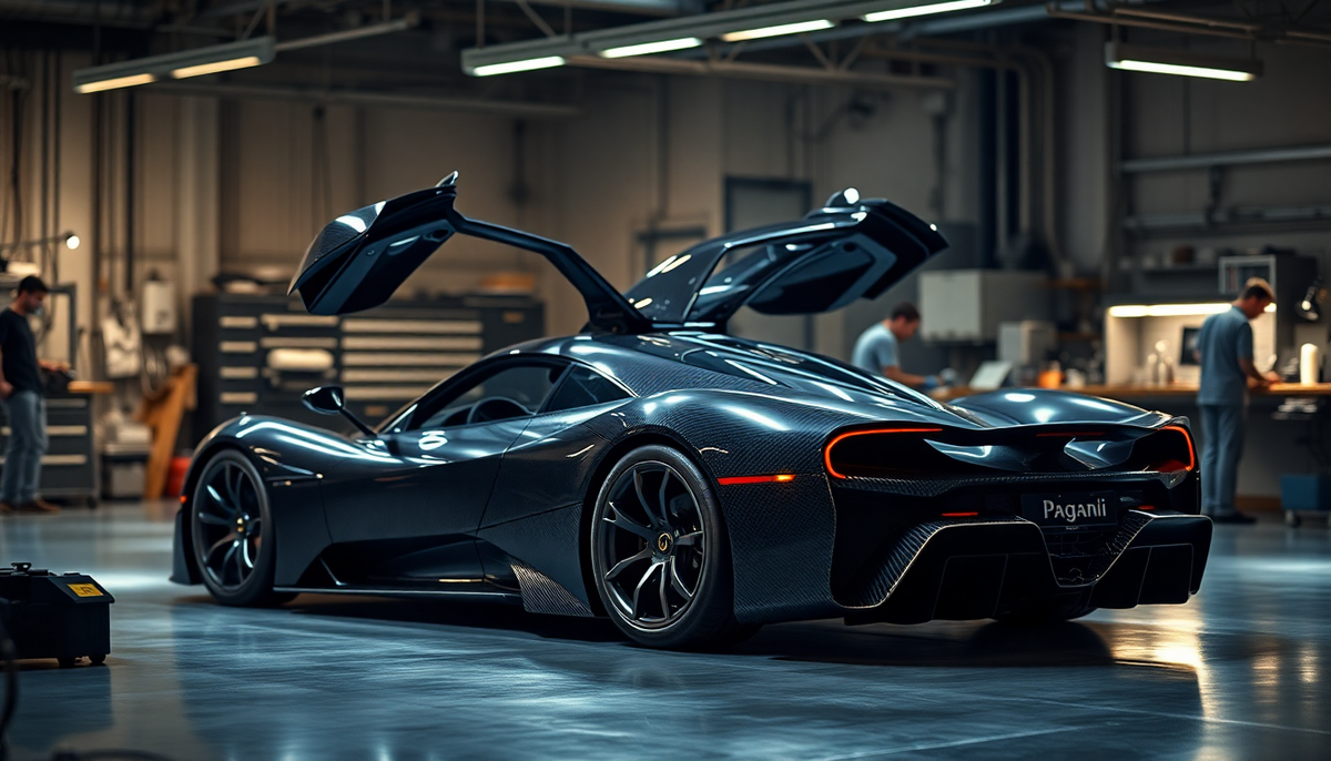Rear view of a carbon fiber Pagani hypercar with open gull-wing doors in a garage.