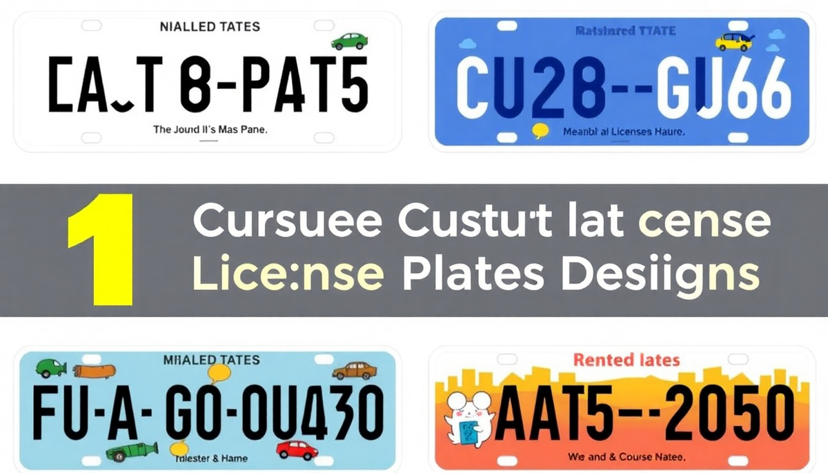 Four examples of creative custom license plate designs with colorful graphics and text.