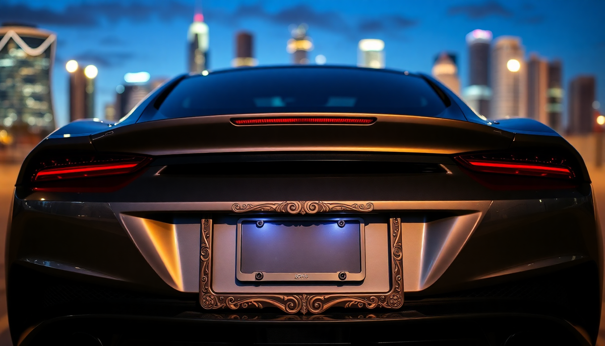 Rear view of a luxury sports car featuring a decorative custom license plate frame at night.