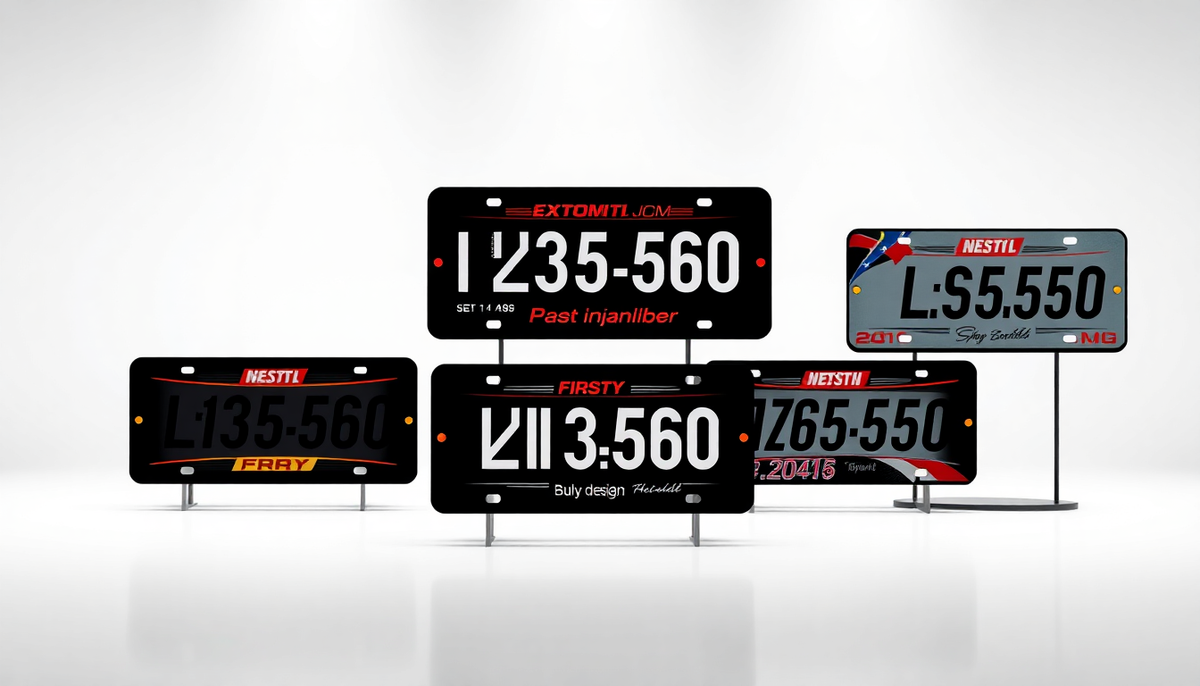 Five custom designed automotive license plates displayed on stands against a white background.