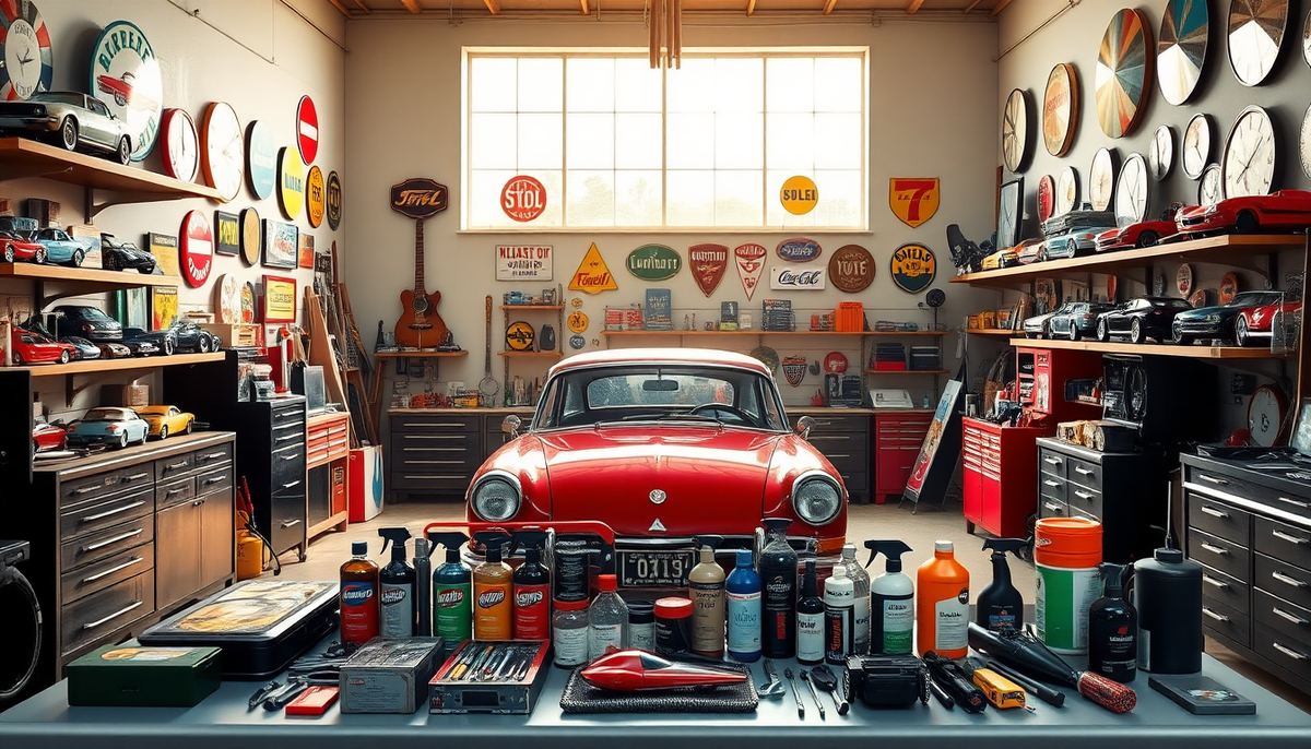 Vintage red car in a detailed garage with tools and retro automotive decor.
