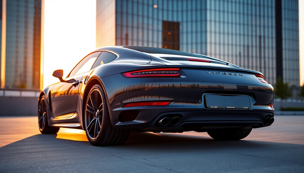 Rear view of a luxury sports car with a custom license plate frame at sunset