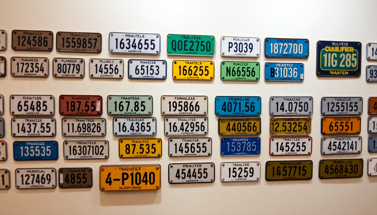 A wall display of vintage colorful license plates from various eras and regions.