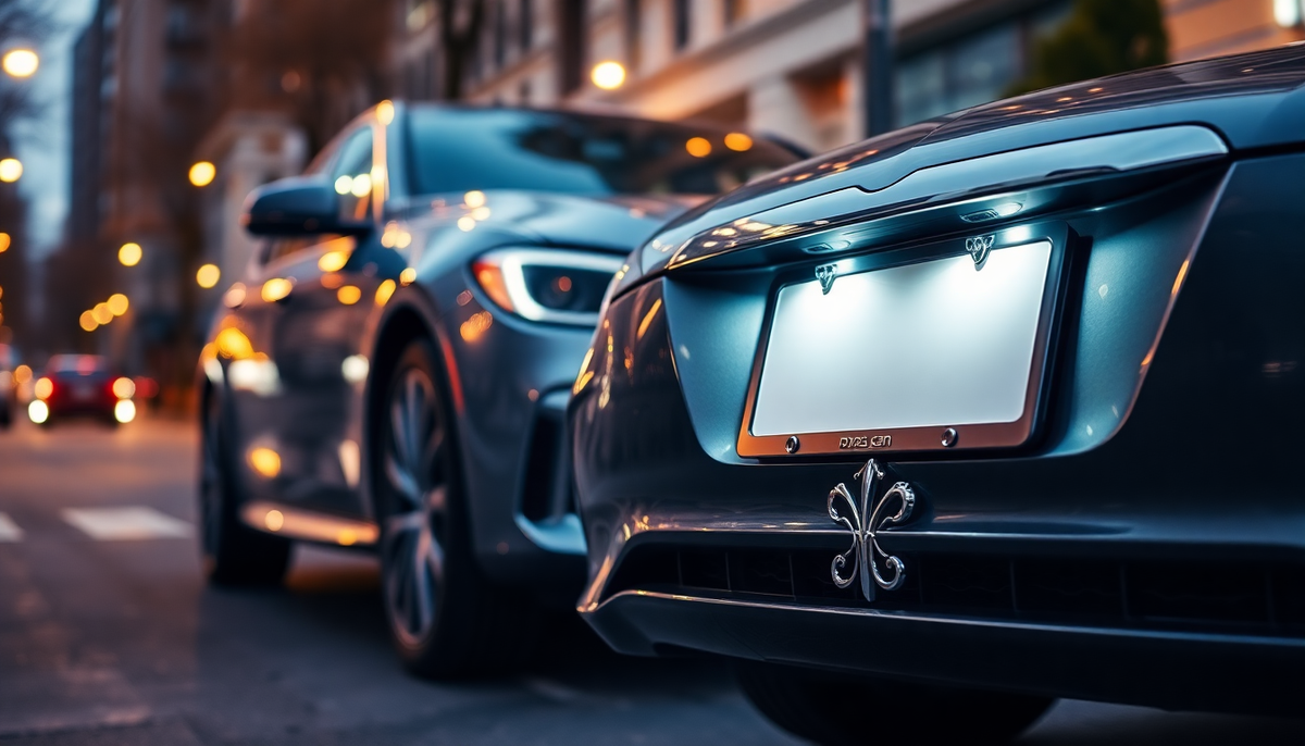 Close-up of a stylish license plate frame on a modern car, parked on a city street at dusk.