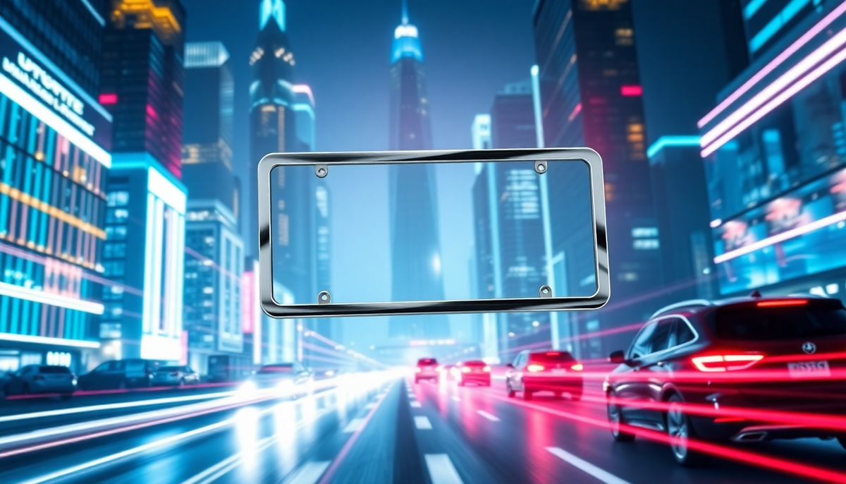 Sleek silver license plate holder centered over a futuristic neon city street with motion blur cars.