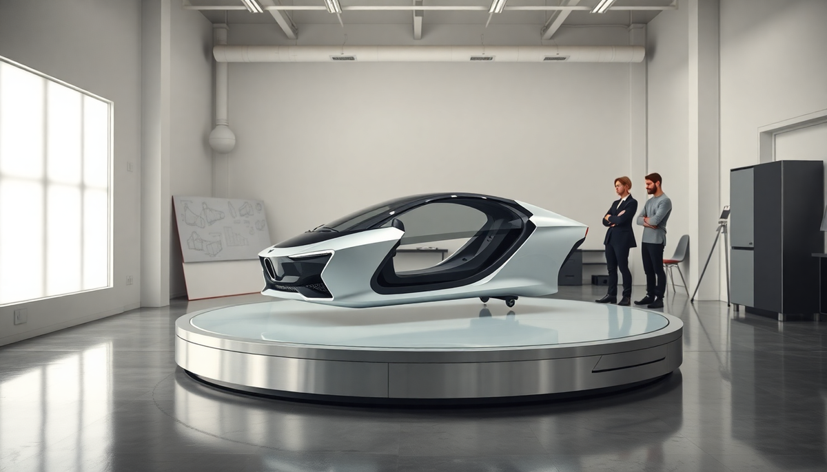 Futuristic white concept car on a rotating platform in a modern design studio with two men.