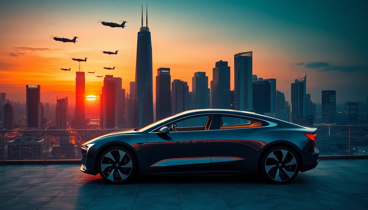 Sleek futuristic car parked on a rooftop against a sunset city skyline with flying vehicles.