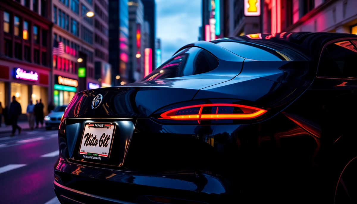 Rear view of a black luxury car featuring a decorative license plate frame in a neon city.