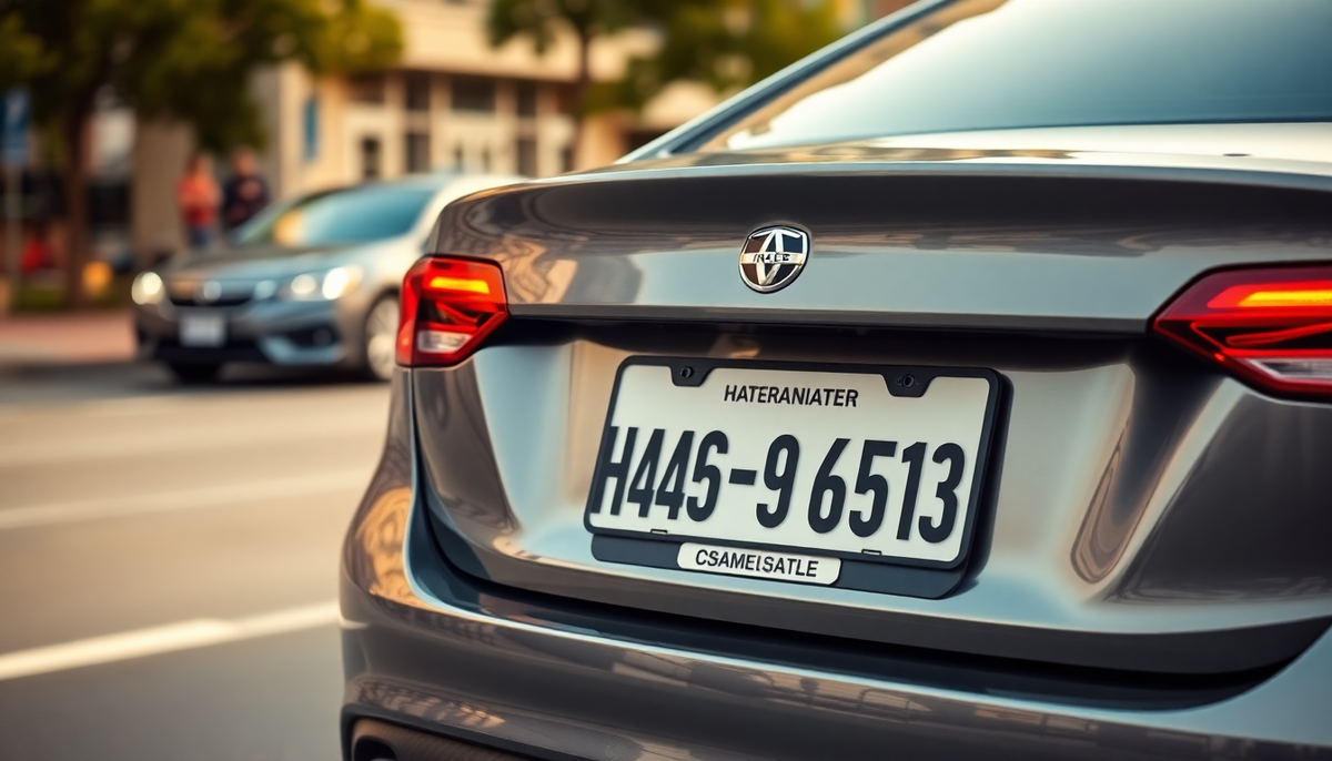 Rear view of a grey car featuring a custom personalized license plate.