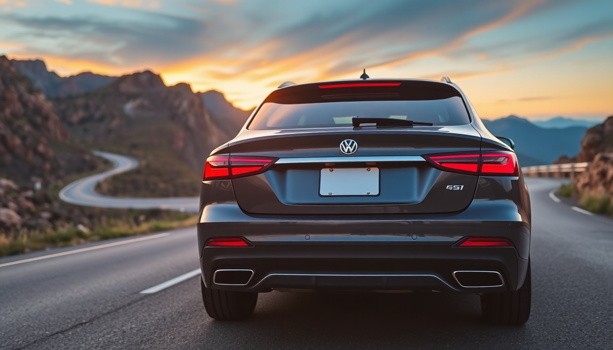Rear view of a grey Volkswagen car on a winding mountain road at sunset.