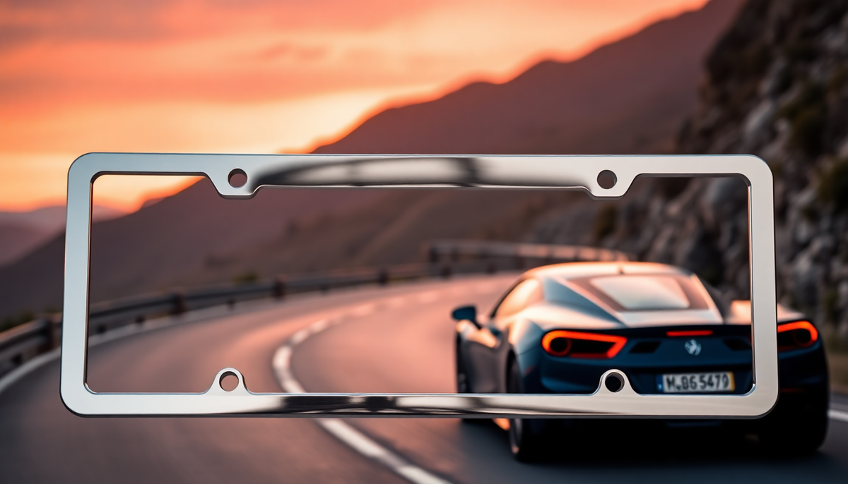 Sleek chrome license plate holder in front of a luxury sports car on a scenic mountain road.