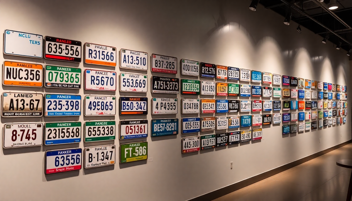A large collection of vintage and modern license plates displayed on a gallery wall.