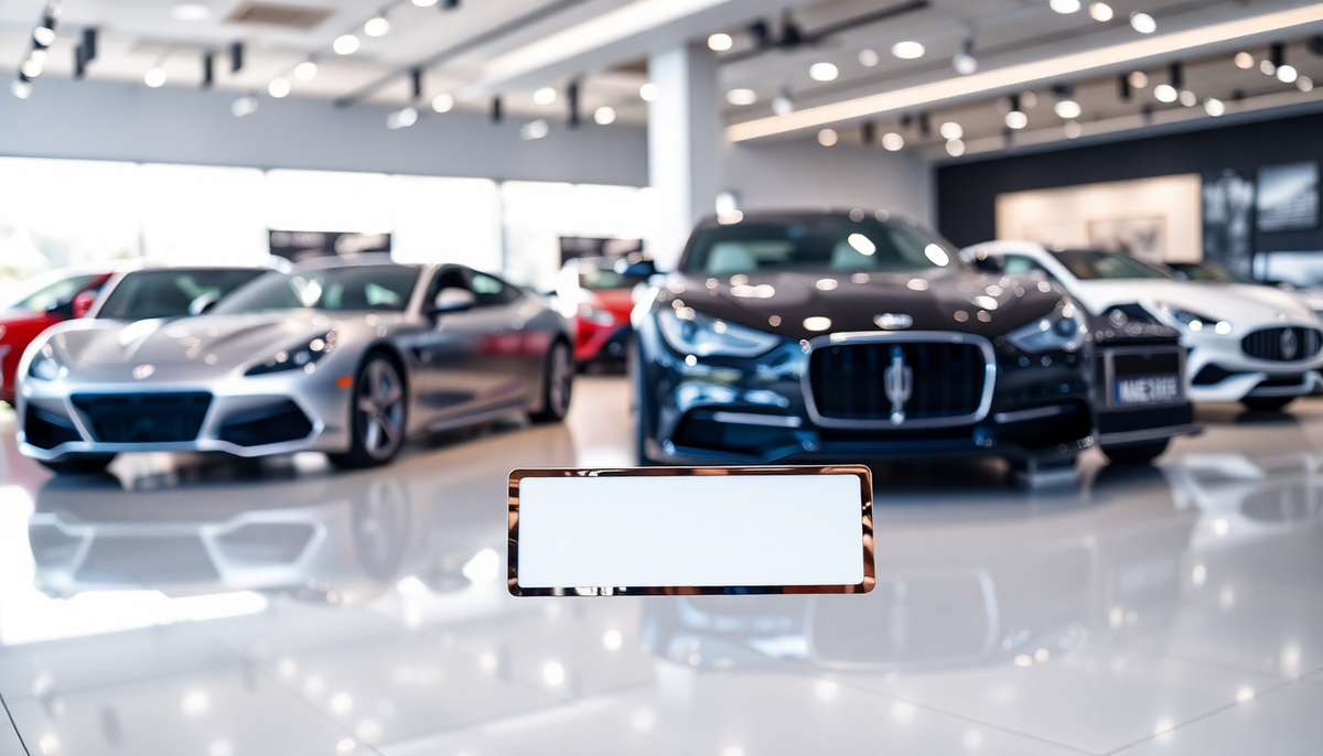 Close-up of a design license plate holder in a luxury car showroom with blurred sports cars.