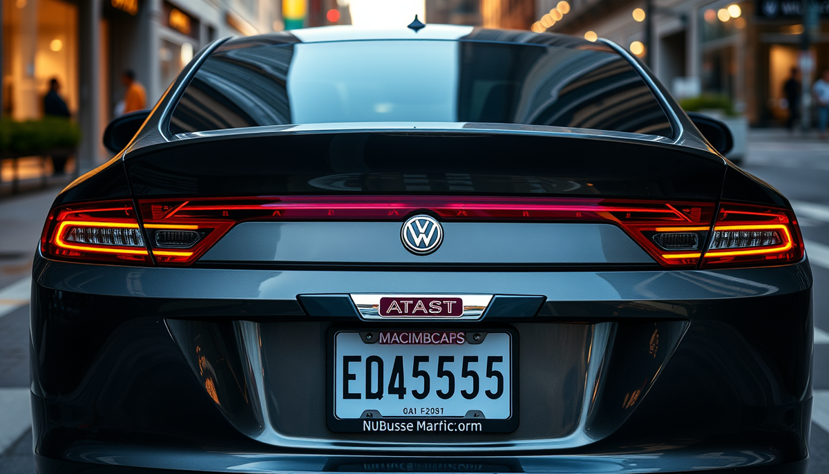Rear view of a dark grey Volkswagen with a custom colorful license plate frame.