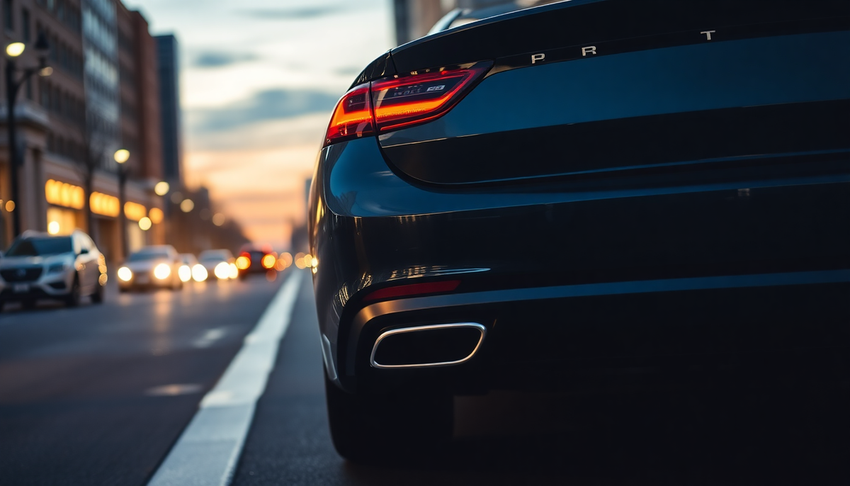 Close-up of a luxury car rear with glowing taillights on a city street at sunset.