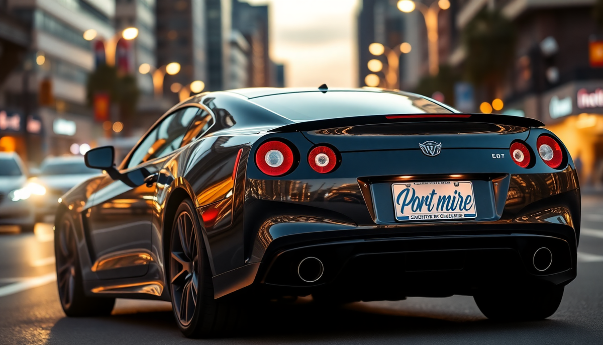 Rear view of a black sports car featuring a custom Portmire license plate frame.