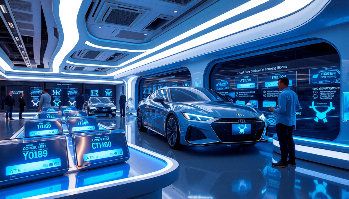 Futuristic car showroom with blue neon lights and digital customizable license plate displays.