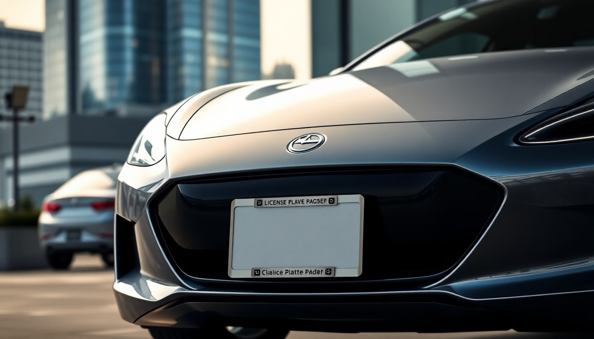 Close-up of a sleek grey car featuring a modern, minimalist license plate holder.