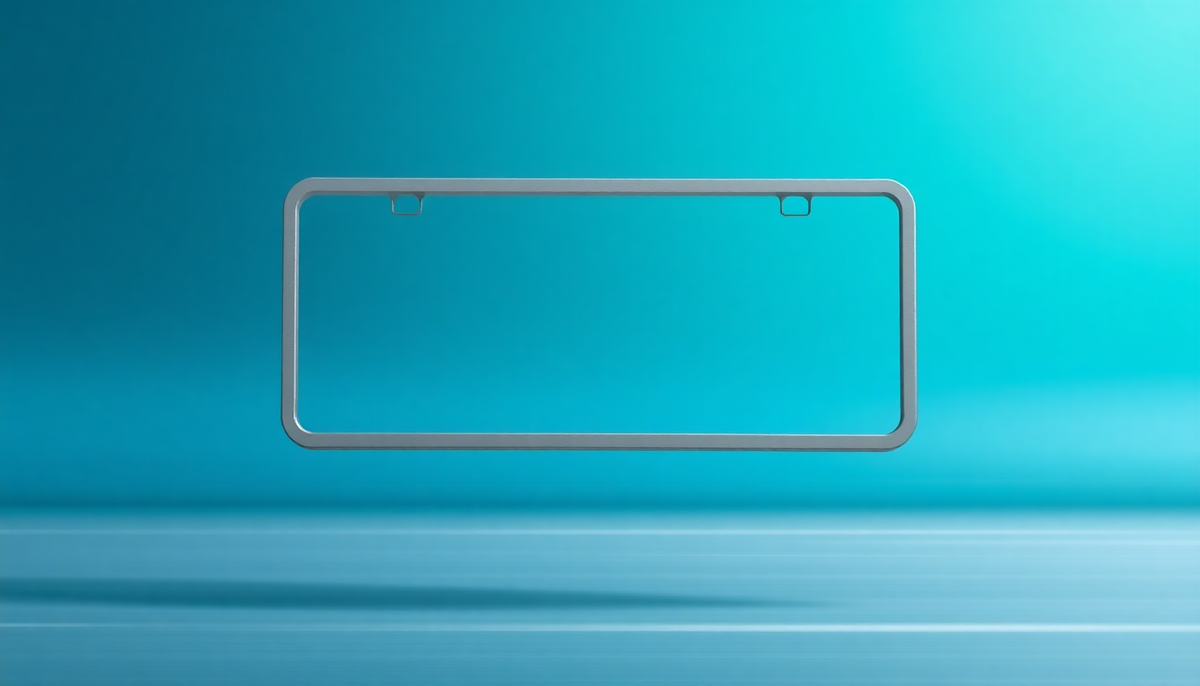 Silver stylish car license plate holder centered against a vibrant blue gradient background.