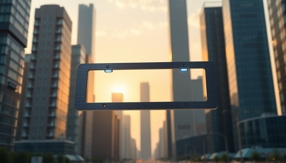 Modern dark metallic license plate holder floating against a sunset city skyline backdrop